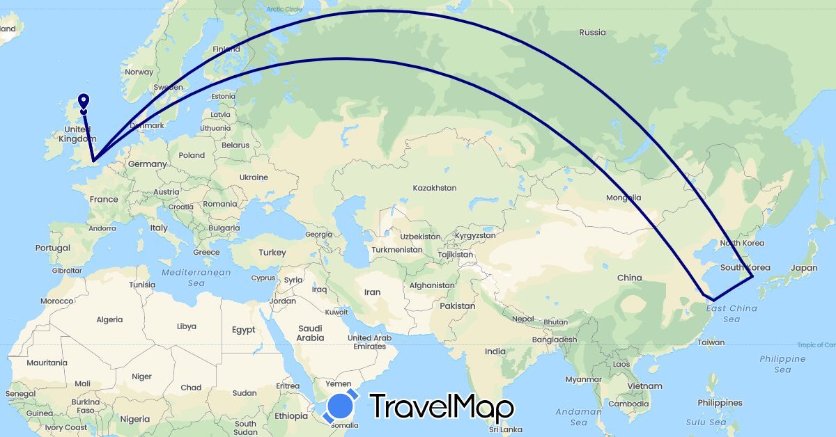 TravelMap itinerary: driving in China, United Kingdom, South Korea (Asia, Europe)